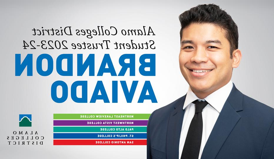 Text: Alamo Colleges Student Trustee 2023-24 Brandon Aviado | Image: Headshot of Brandon Aviado